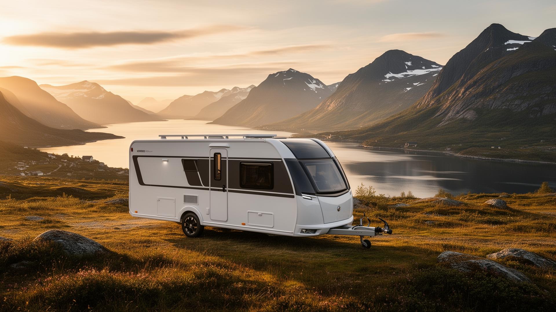 Campingvogn ved fjord i Nordland